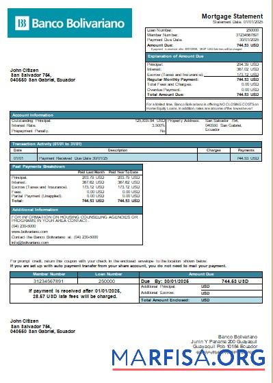 Blank Ecuador Banco Bolivariano bank mortgage statement scr real example
